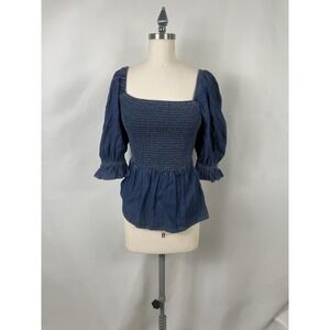 New York And Company Medium Denim Blue Smocked Cottage Core Long Sleeve Blouse